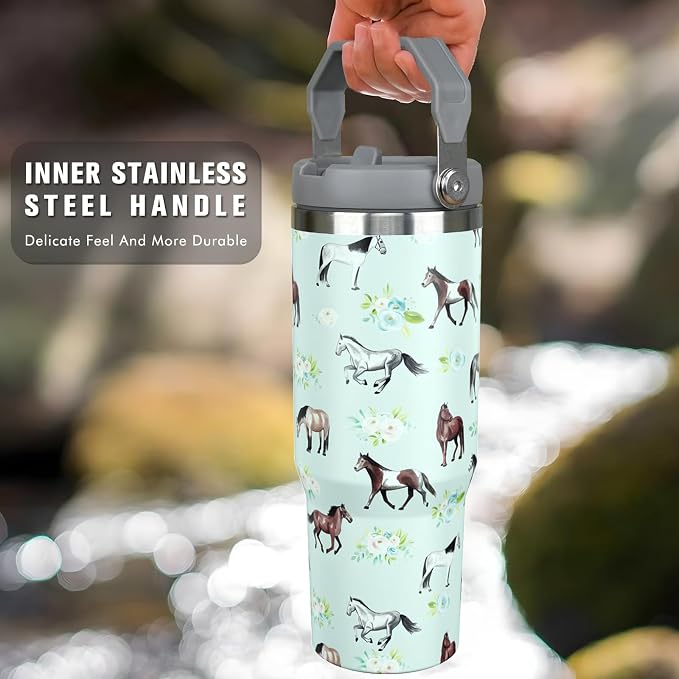 30 oz Horse Tumbler with Handle and Flip Straw, Vacuum Insulated Water Bottle