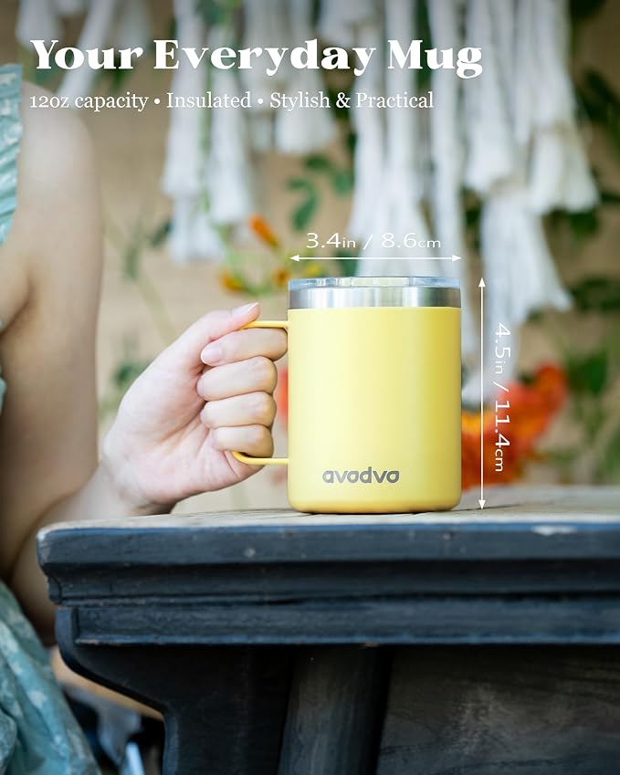 12oz Insulated Coffee Mug with Lid – Includes Two Lids, Stainless Steel Coffee