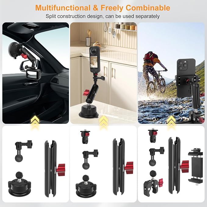Camera Suction Cup Mount Kits-360°Ball Head Magic Arm, Double-Layer Suction Cup