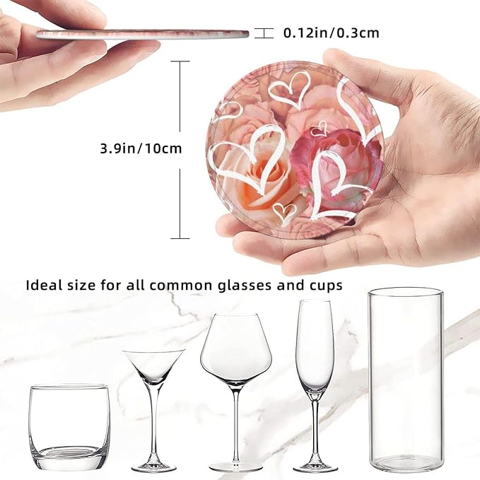 Drink Coasters with Holder Stand Set of 6, Heart Pink Rose Flower Pu Leather