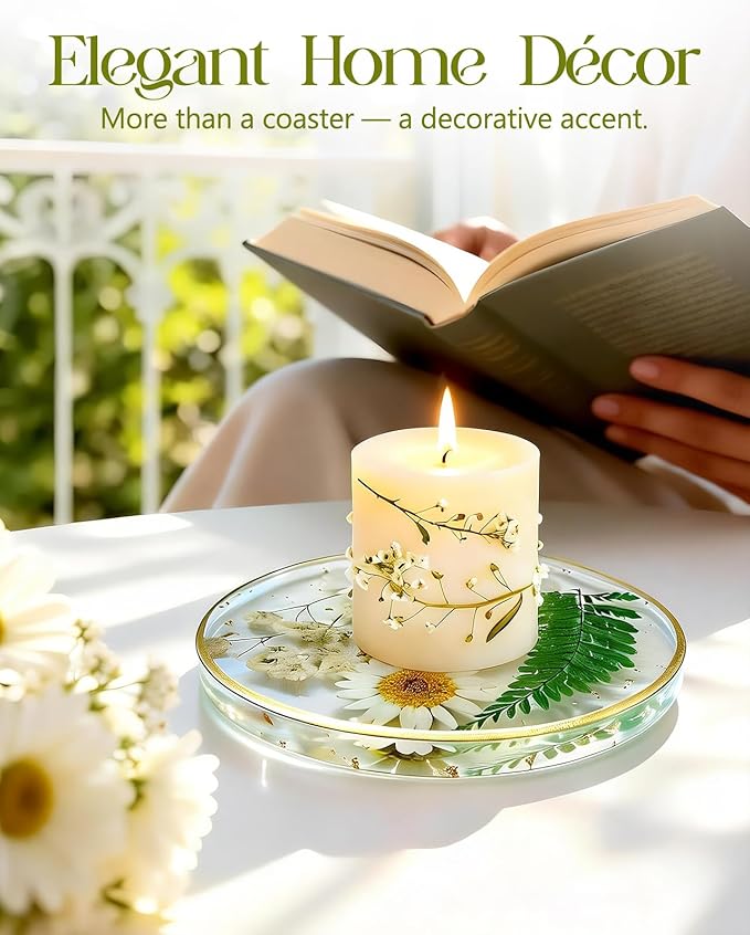 Oqplog Resin Drink Coaster for Desk Coffee Table-White Cute Dried Flowers Cup