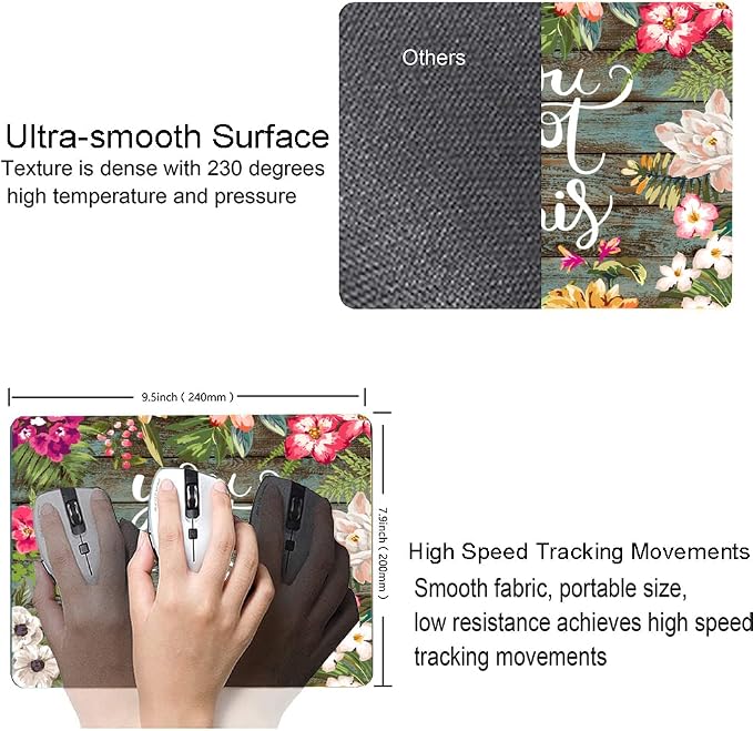 Mouse Pad, Floral Inspirational Quote Mousepad, Square Waterproof Pad Non-Slip
