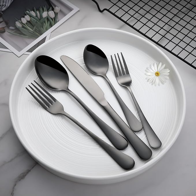 VANDBAO Black Flatware Cutlery Silverware Set 20 Pieces, Stainless Steel