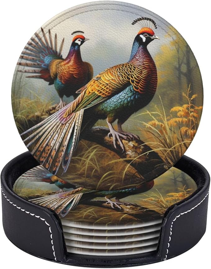 6Pcs PU Leather Coaster for Drinks, Pheasants Animals Cup Coasters