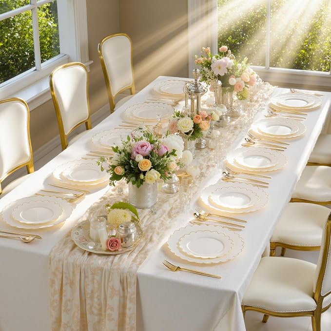 100pcs Scalloped Ivory Gold Plastic Plates, Elegant Party Plates | Includes 50