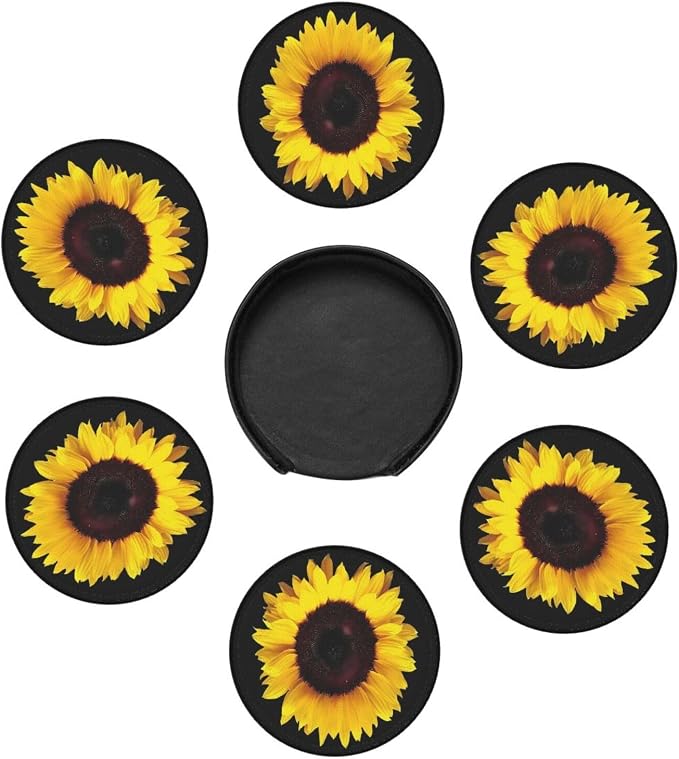 6 Pcs Black Farmhouse Blossom Sunflower Leather Coasters