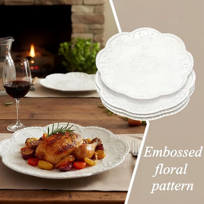 Tebery Set of 4 Ceramic Dinner Plate, 10.5 Inch Large Embossed Lace Salad