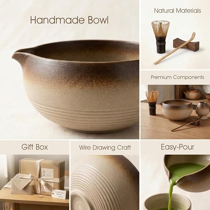 5-Piece Matcha Set，Matcha Bowl & 100-Prong Purple Bamboo Whisk | Rustic