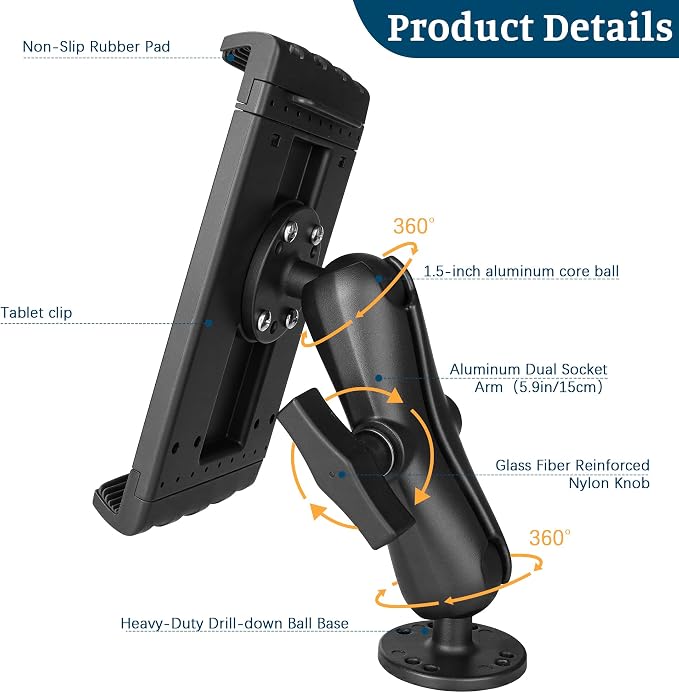 Heavy Duty Tablet Mount for Truck, Aluminum Drill Base Tablet Holder, Compatible