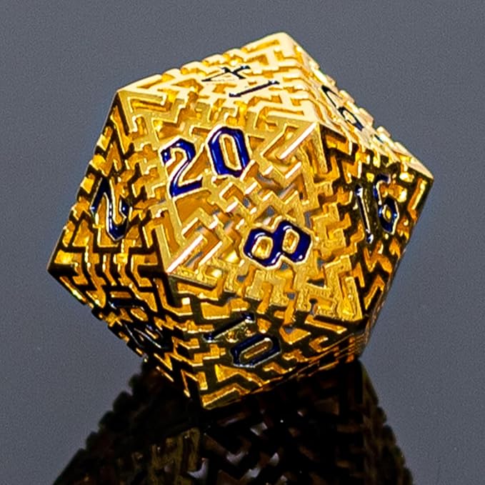 Golden Metal Hollow DND Dice Set Metallic Luster Maze Design