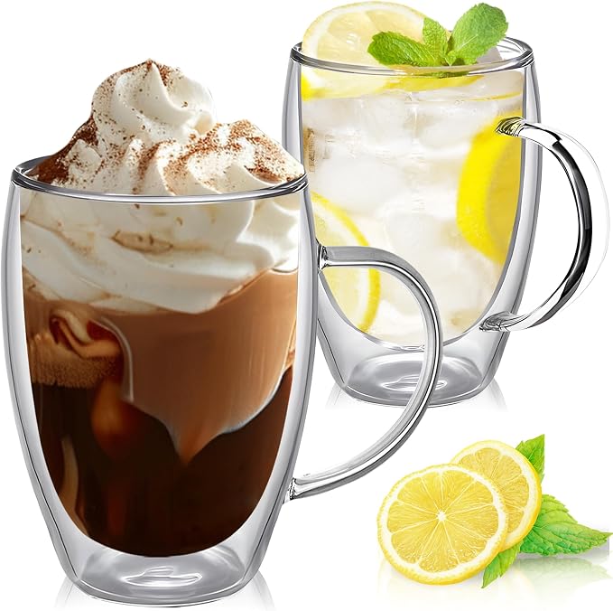 12 Ounces Set of 2 Double Walled Glass Coffee Mugs