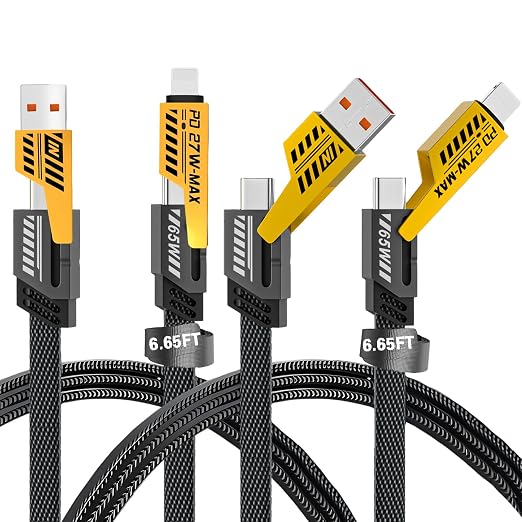 2Pack 4 in 1 Fast Charging Cable, Transferring Data, 6.65 Ft, Braided Cable 65W