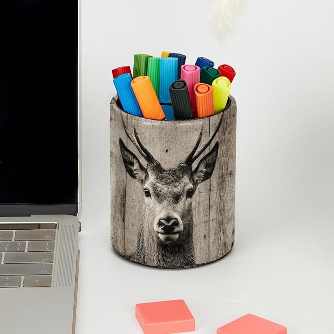 Leather Pen Holder for Desk, Ancient Wooden Wall Deer Pencil Cup Pen Organizer