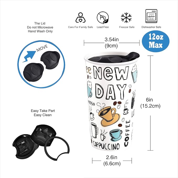 Ceramic Travel Coffee Mug, 12 oz, Travel Mug