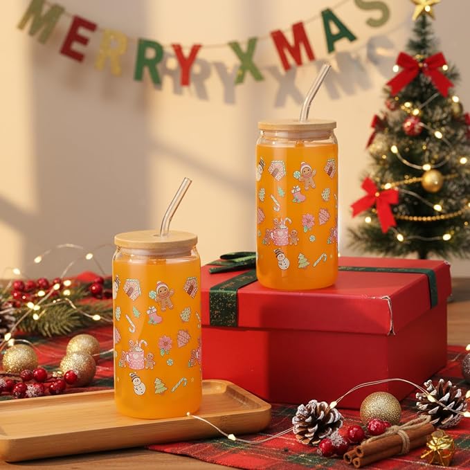 Sliner 2 Pcs Gingerbread Glass Cups Summer Christmas Tumbler