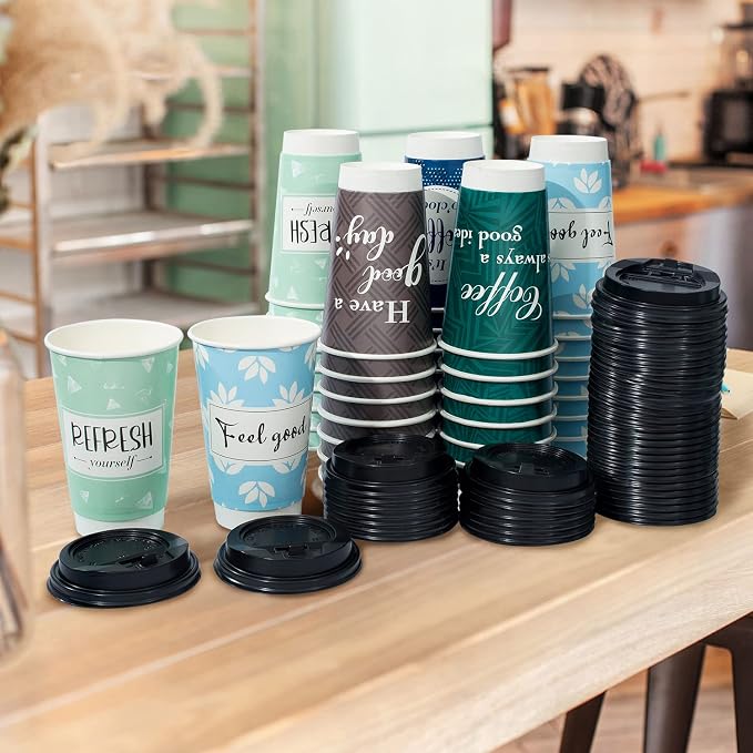 Disposable Coffee Cups with Lids 16 oz, 50 Pack Double-Walled Fun Designs
