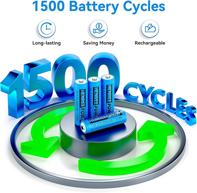 Henreepow AA 3.2v Solar Rechargeable Batteries, LiFePo4 Double A 600mAh 3.2v