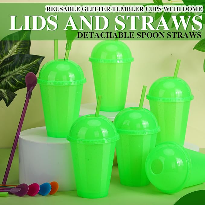 6 Set Slushie Cups with Dome Lids and Straws Detachable Spoon Straws Reusable