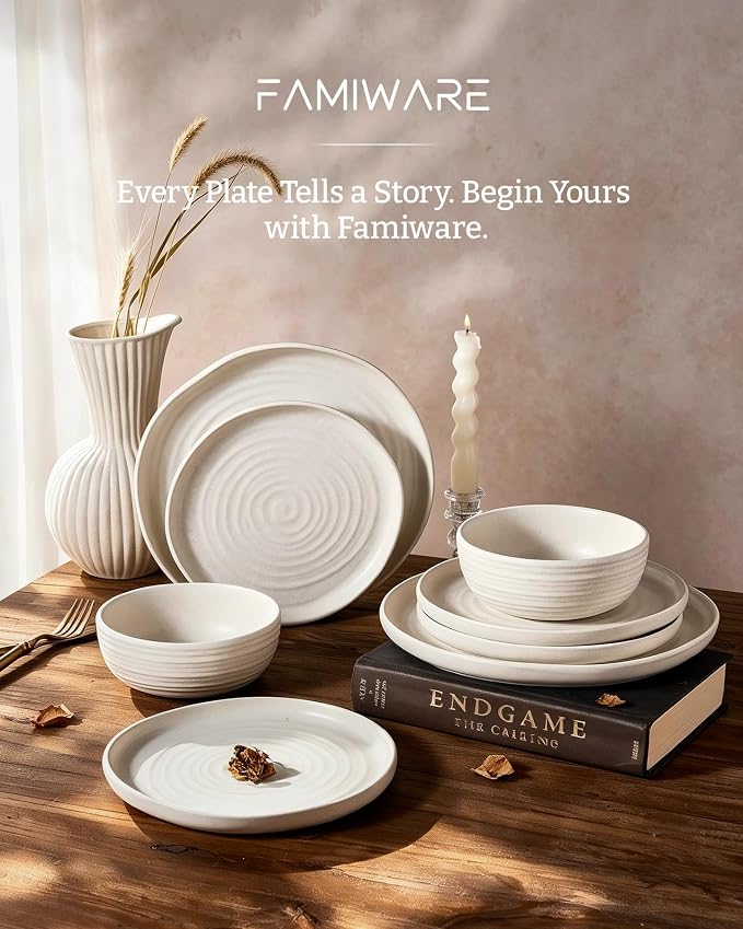 Famiware Pluto 12-Piece Stoneware Dinnerware Set, Matte Beige White | Double