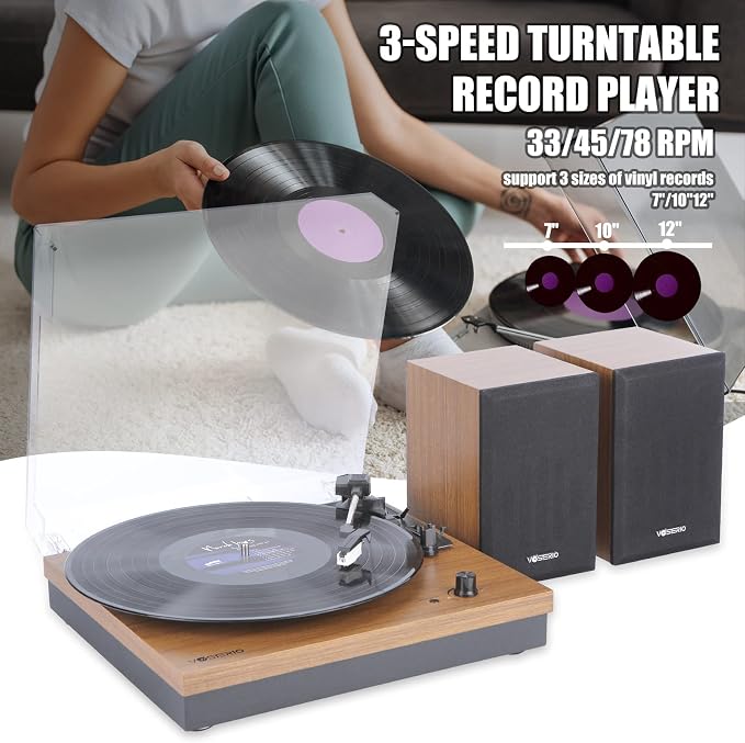 Bluetooth Record Player, 3-Speed Belt-Driven Turntable