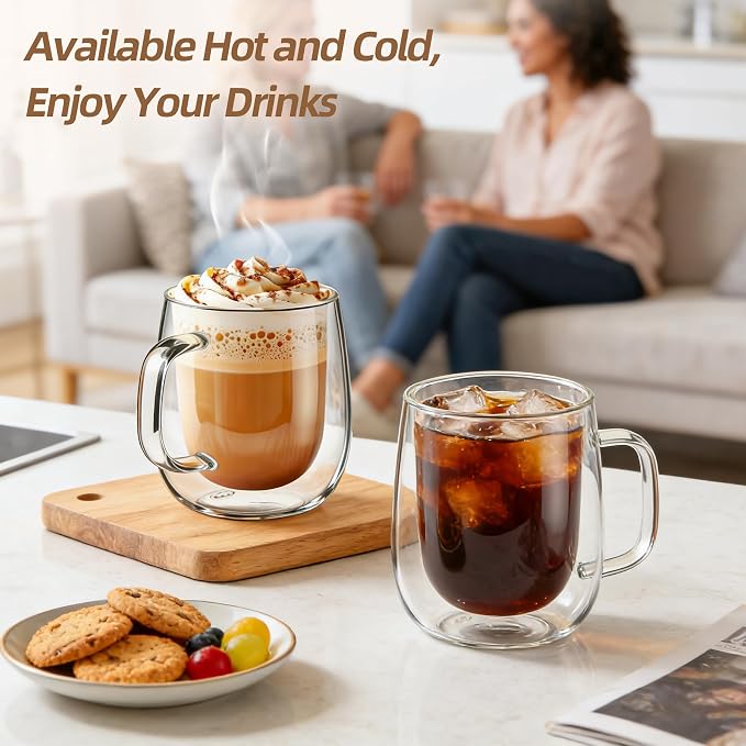 12 OZ Glass Coffee Mug Pack of 4, Double Wall Glass Mug