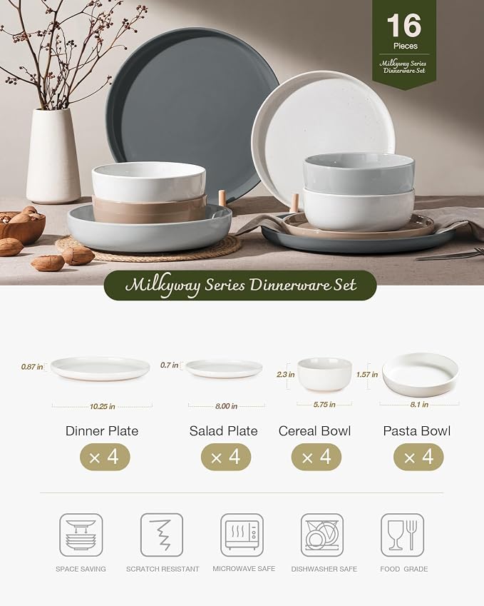 Famiware Milkyway 16-Piece Stoneware Plates and Bowls, Dishes Set