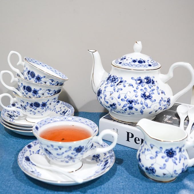 Bone China Tea Set, 21-Pieces Porcelain Tea Set