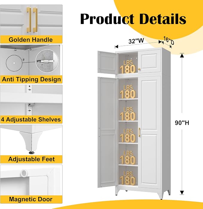 Steeloong90“ Kitchen Pantry Cabinet, Metal Storage Cabinets