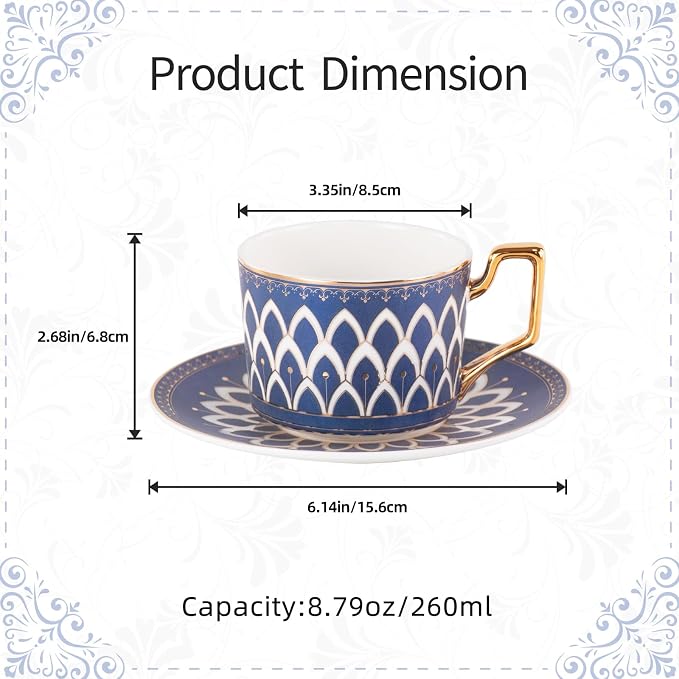KAMMAK Tea Cups and Saucers Set of 2, Fine Bone China Coffee Cups, NX027 |