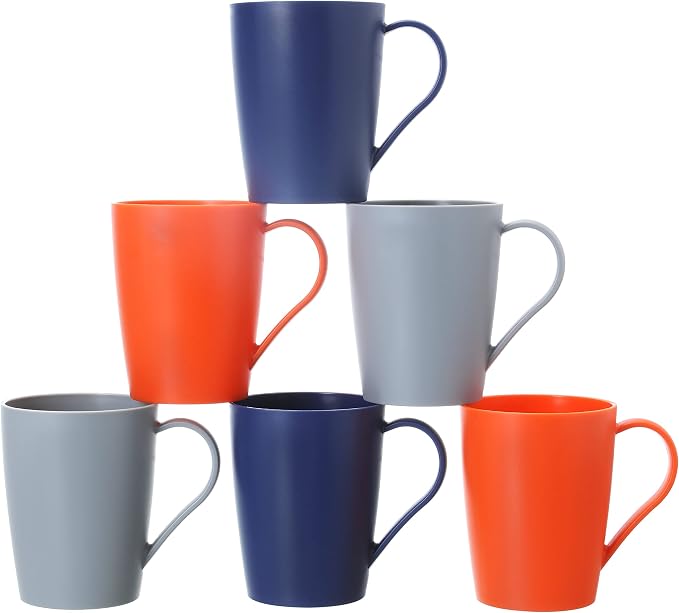 Coffee Mugs Set of 6, 12 Ounce Plastic Coffee Cups Set, 3 Basic Colors |