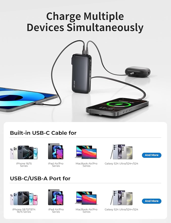 1 Pack Portable Charger with Built-in USB-C Cable & Plug, 000mAh 5V/4.5A Power