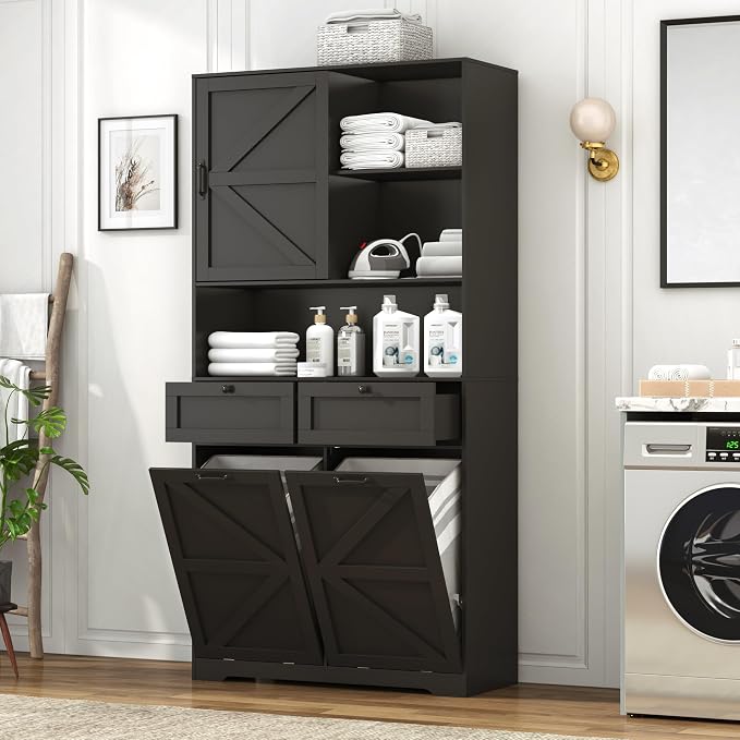 78" Tall Tilt-Out Double Doors Laundry Cabinet Hamper w Hidden Laundry
