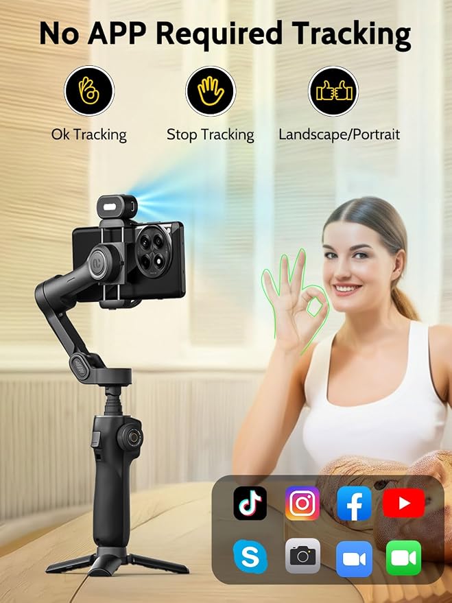 3-Axis Gimbal Stabilizer for iPhone & Android, NO APP AI Tracking, 7.8'