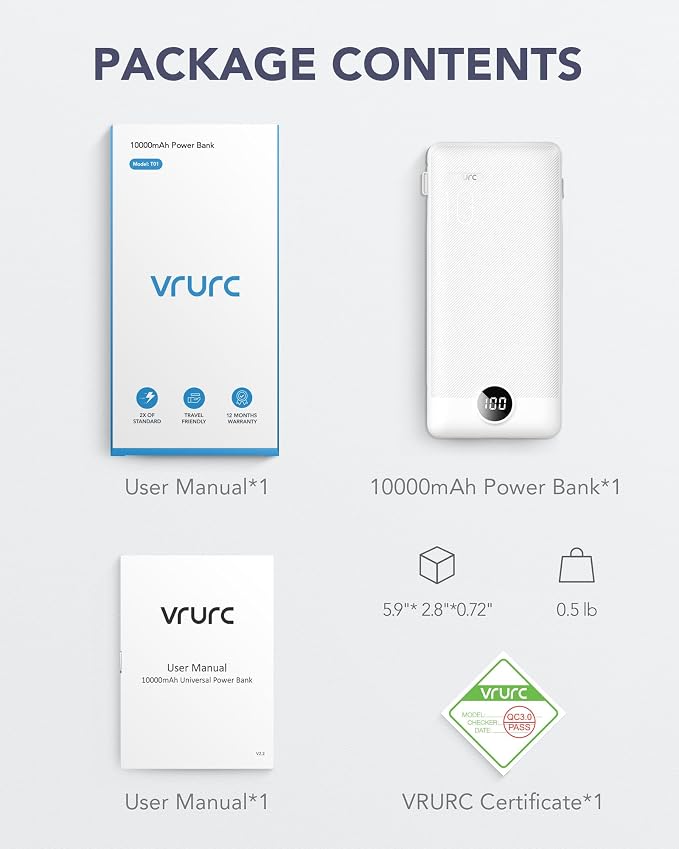 VRURC Portable Charger, Power Bank Built-in Cables and AC Wall Plug, USB C