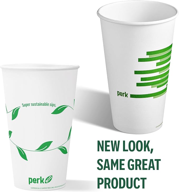 Perk Compostable Paper Hot Cups, 16 oz White/Green, Disposable Coffee Cups