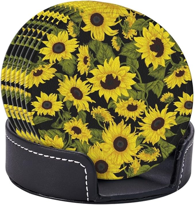 Drink Coasters with Holder Stand Set of 6, Sunflower Pu Leather Absorbent