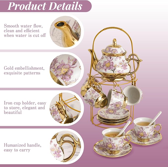 20 Pcs Porcelain Tea Set With Metal Holder,
