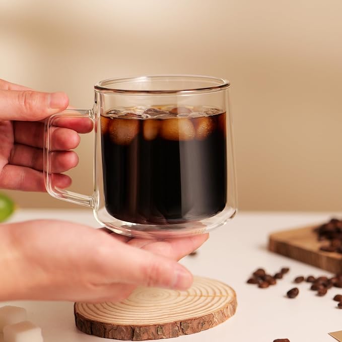 CNGLASS 15oz Double Walled Glass Coffee Mugs, Large Insulated Glass Mugs