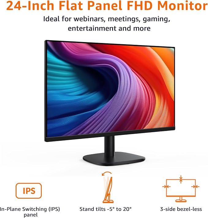 Amazon Basics 24 in Monitor, FHD 1080P, Max 100Hz, VESA Compatible, Built-in
