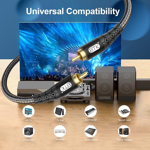 EMK RCA to RCA Subwoofer Cable – 24K Gold-Plated Connector Nylon Braided Double