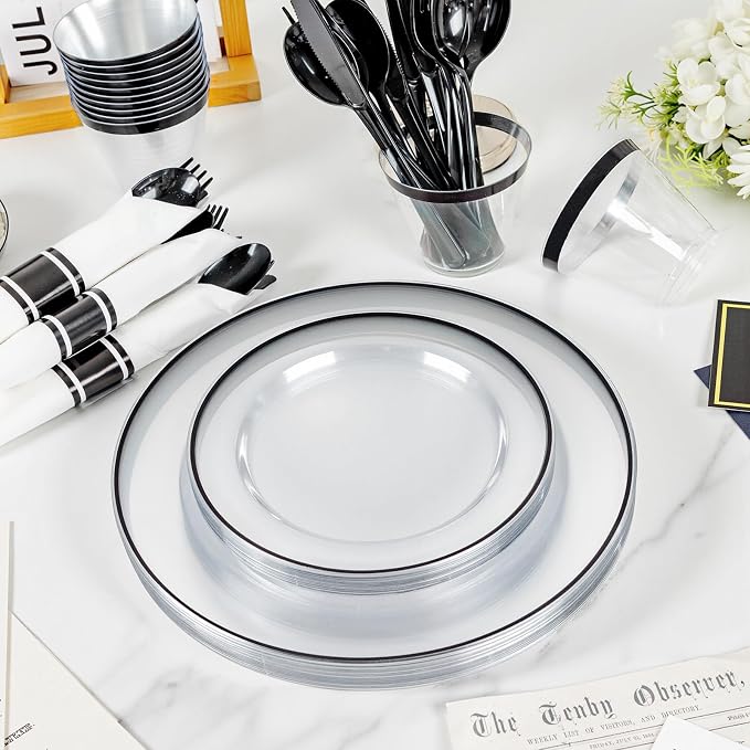 SUT 350 Pcs Black and Clear Plastic Dinnerware Set