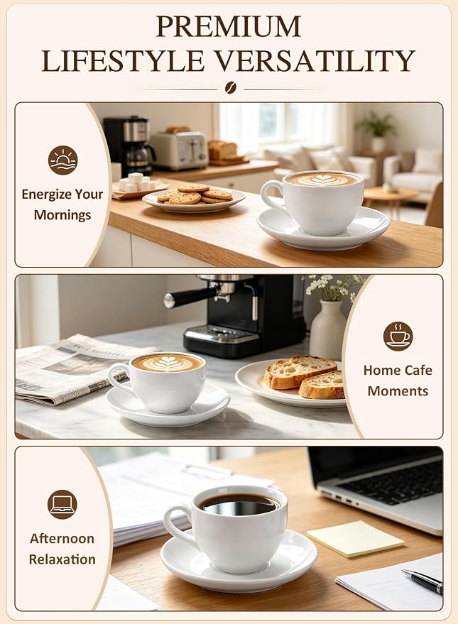 Porcelain Coffee Cups Set with Saucer, 6 Ounce,