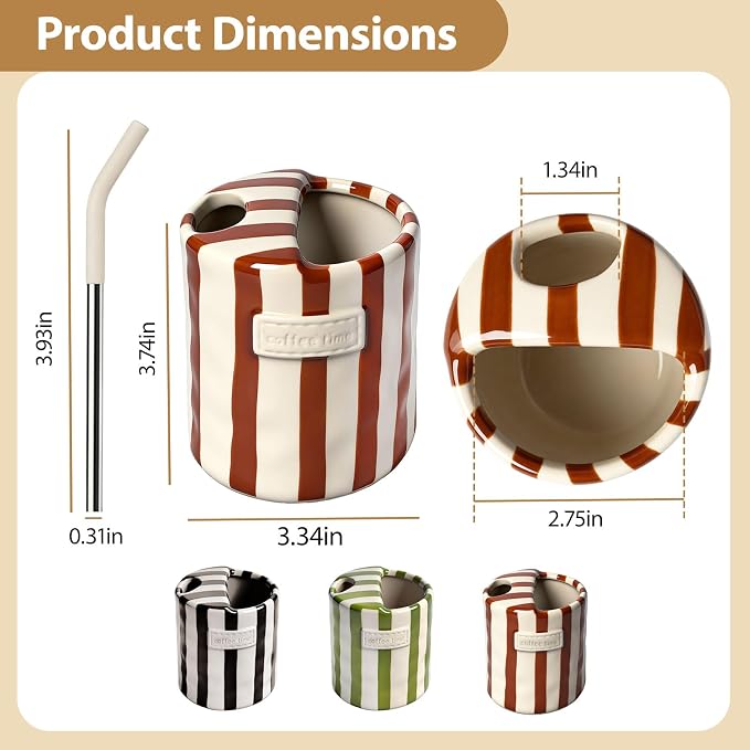 Ceramic Coffee Mug with Sip Hole, 10oz Retro Striped Coffee Cups, Cute Ceramic