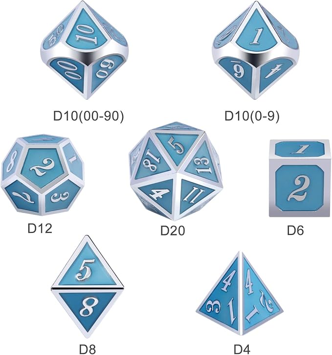 DnDnD Glowing DND Metal Dice Set, Luminous Blue Metal Dice
