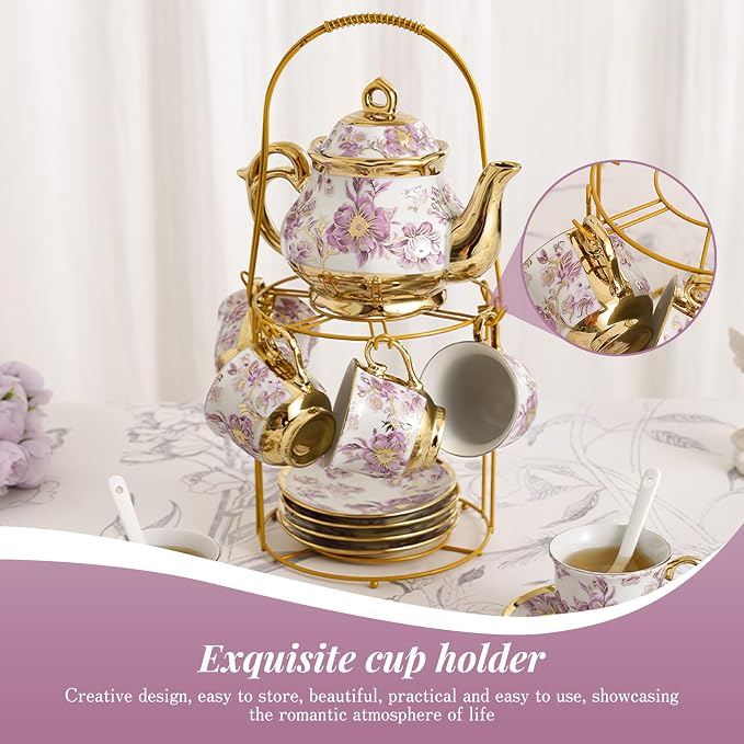 20 Pcs Porcelain Tea Set With Metal Holder,