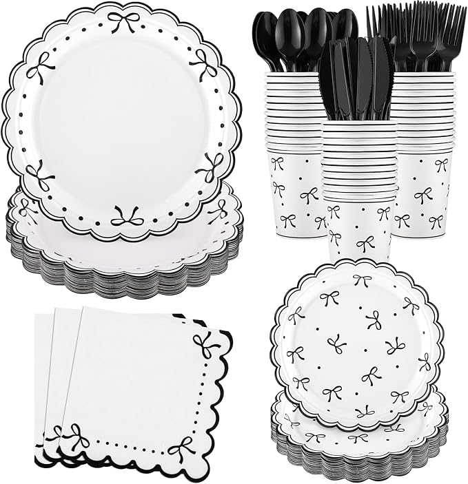 Natnarr 25 Set Black Bow Birthday Decorations Cute Bow Plates Napkins Set | 9"