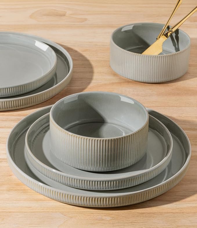 Ceramic Dinnerware Set for 4, 12-Piece Plates and Bowls Set | Lightweight