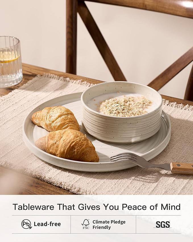 Stoneware Dinnerware Sets for 4, Reactive Glaze Plates & Bowls, Shell Beige |