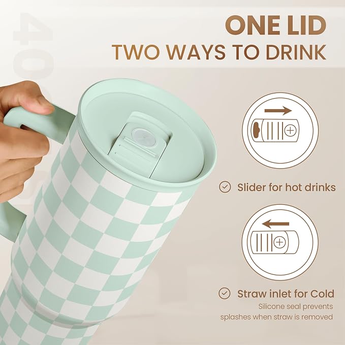Checkered Tumbler with Handle 40oz, Mint Checker Cup Stainless Steel Insulated