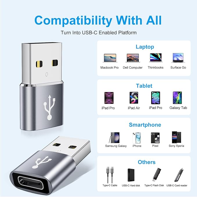 USB to USBC Adapter 8 Pack, USB A to C Adapter, USBC Female to USBA Male OTG